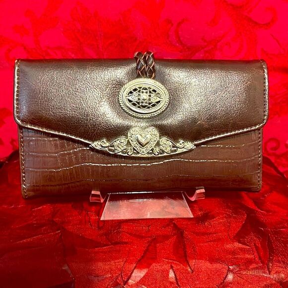 Brighton "Style" Brown Wallet Croc Embossed Leather Flap Clutch‎ Organizer - Picture 1 of 13